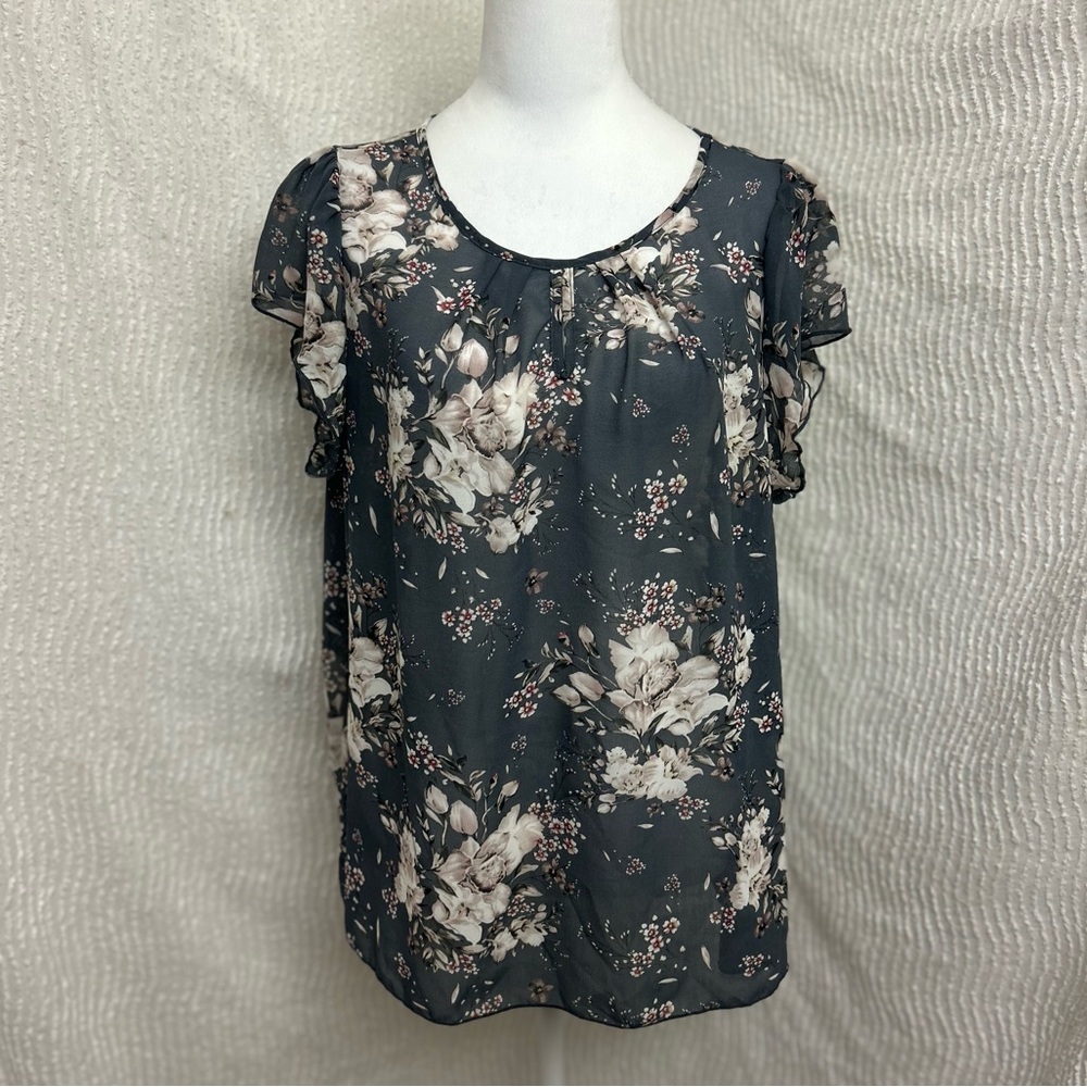 SHEIN Curve Size 1XL Floral Grey Blouse White Multicolor Sheer Boho